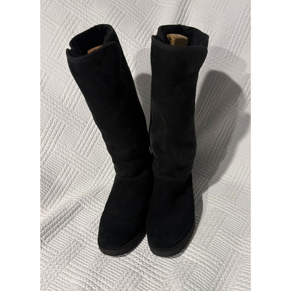 UGG Kara Slim Tall Demi Wedge Boot Black Size 9.5 Women's Suede Sheepskin